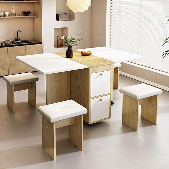 Rtopsu Mobiler Klapptisch Esstisch mit 4 Stühlen Ausziehbarer Esszimmertisch Küchentisch mit Riemenscheibe und 4 Stauraum für Küche Esszimmer Wohnzimmer 120x80x75 cm Weiß & Eiche