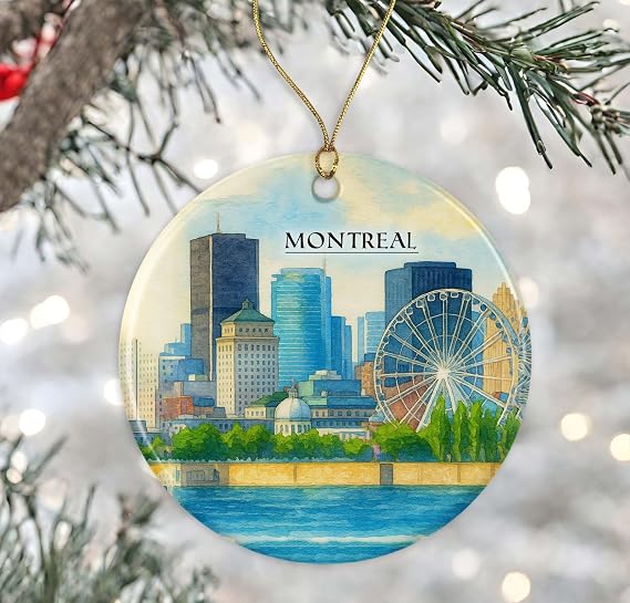 Montreal Canada Watercolor Ornament - Ceramic Christmas Keepsake - Honeymoon Anniversary - Travel Souvenir - Housewarming Present - Gift for Montreal Lover Printed on Both Sides