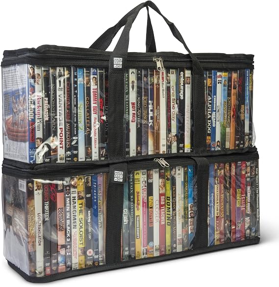 Made Easy Kit DVD Storage Bag - Clear PVC Organizer,Triple-Stitched Handles, Dividers - Stackable, Space-Saving, Fits 40 DVD Cases - Container for Movie Discs, Video Games, VHS Tapes (Black, 2 Bags)
