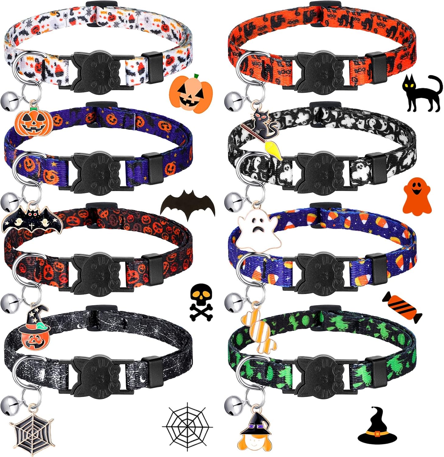 Sanwuta 8 Pcs Halloween Cat Collar Breakaway with Bell Cute Adjustable Kitten Halloween Collars with Pendant Pumpkin Ghost Breakaway Kitten Collar for Holiday Party Girl Boy Pet Dog Puppy Accessories