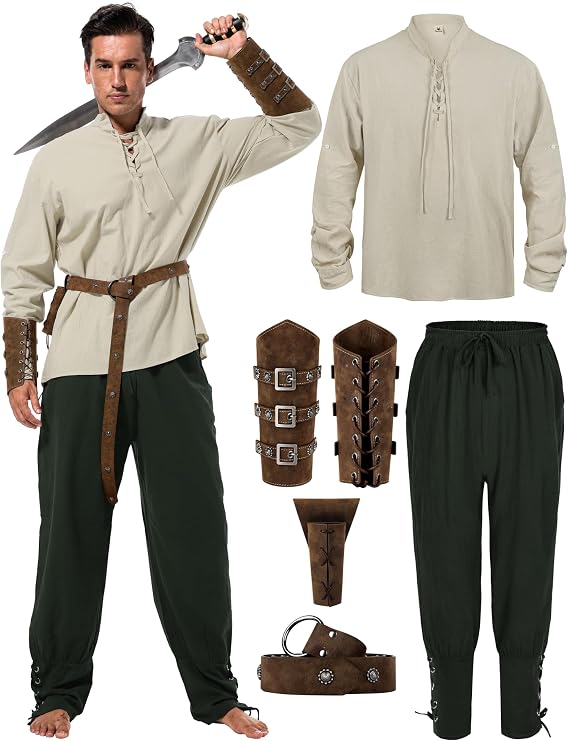 Renaissance Costume Men, Medieval Costume Men Renaissance Outfit Viking Shirt Pants Halloween Belt Accessories