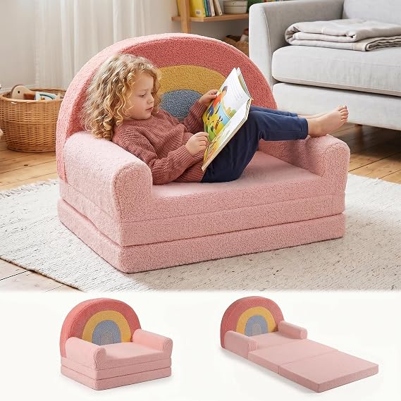 2-in-1 Extra Large Kids Couch Fold Out, Soft Kid Sofa for Playroom, Pink