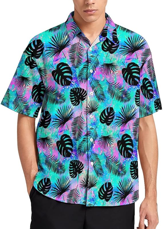 Palms Leaves Hawaiian Shirts Casual Button Down Short Sleeve Beach for Men