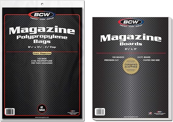 BCW Thick Magazine Bags and Backing Boards, Clear, Acid-Free, 100 Each | Includes 100 wider polypropylene sleeves sized 8 7/8 x 11 1/8 and 100 rigid 24 pt supports for archival storage and display.