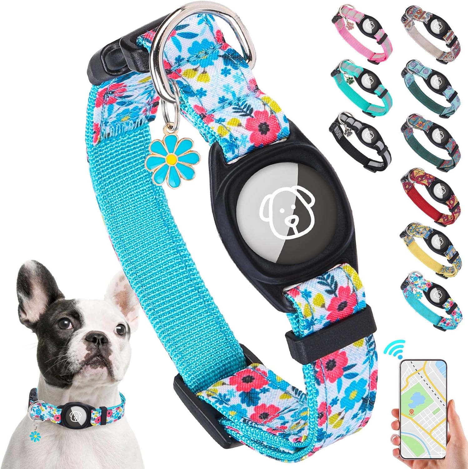 SCENEREAL Airtag Dog Collar for Small Medium Dogs, Puppy Collar with Durable Airtag Holder, Compatible Apple Air Tag, Anti-Lost Adjustable Soft Comfortable Unique Style, Blue Flower S