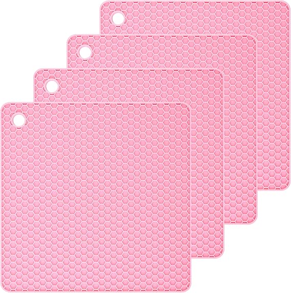 Silicone Trivets Mats Square Silicone Rubber Pot Holder Trivet Mat for Hot Pan and Pot Hot Pads Counter Mat Heat Resistant Tablemat or Placemats 4 Pack,Size:7.5x7.5 Inch, Color: Pink