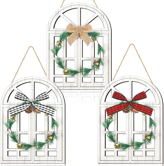 Soaoo 3 Pcs Christmas Wall Hanging Decor Wooden Decoration Front Door Window Plaque Signs Indoor Outdoor Farmhouse Christmas wall Decor with Wreath Bow for Holiday Party School Office Home Farmhouse