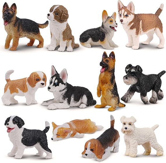 12PCS Dog Figurines Playset, Realistic Detailed Plastic Puppy Figures, Hand Painted Mini Dog Figures Toy Set Cake Toppers Easter Egg Birthday Gift for Kids Toddlers