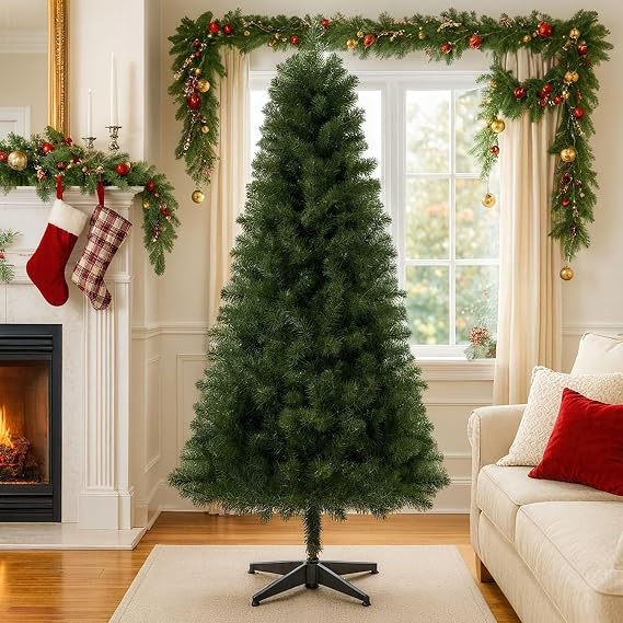6FT Unlit Artificial Christmas Tree with 490 Tips Classic Green PVC Tree with 4-Leg Plastic Stand | Full Holiday Xmas Tree for Home, Office & Apartment Decor as Pic