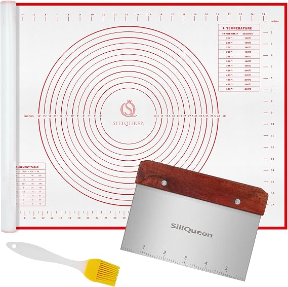 Silicone Pastry Baking Mat with Measurements Extra a Brush and a Dough Scraper- 27.5 x 20 Heat Resistant, BPA Free, Non-Stick Non-Slip Pastry Mat for Rolling Dough, Easy to Clean, Red