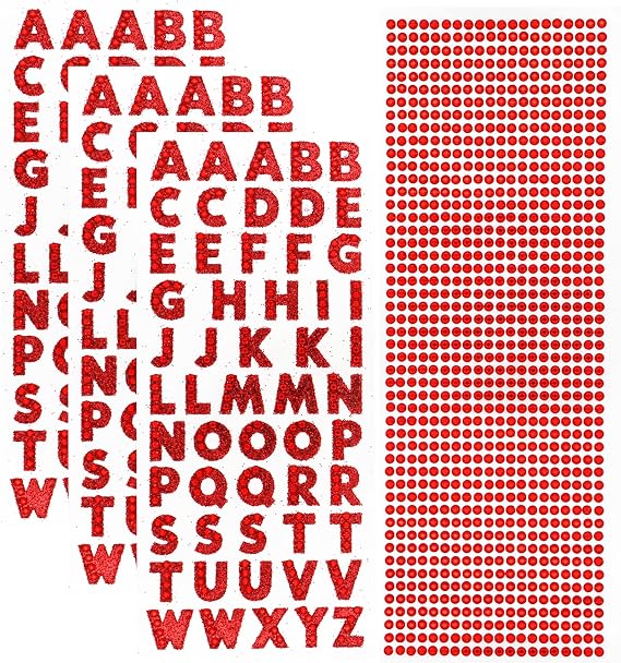 3 Sheets Glitter Alphabet Stickers and 1 Sheet Rhinestones Sticker Red