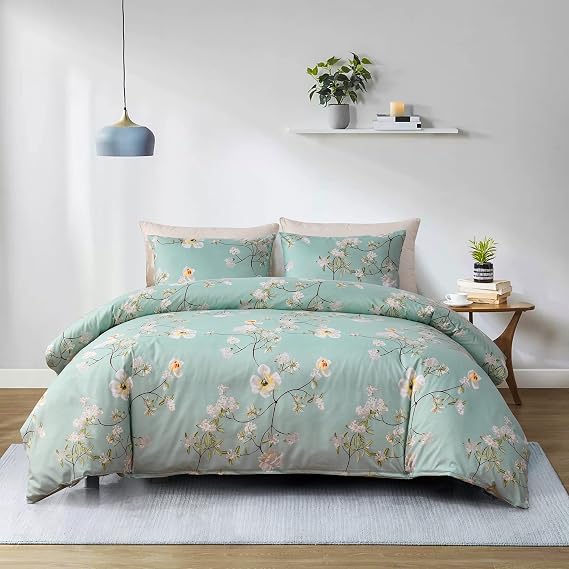 GETIANN Green Floral Duvet Cover Set Queen Comforter Cover Full 90"x90" with Pillow Shams Hotel Soft Lightweight Bedding Set