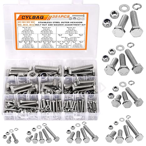 Nut and Bolt Sets, CYLBAQ Hex Head Bolts Nuts Washers and Lock-nuts Set
