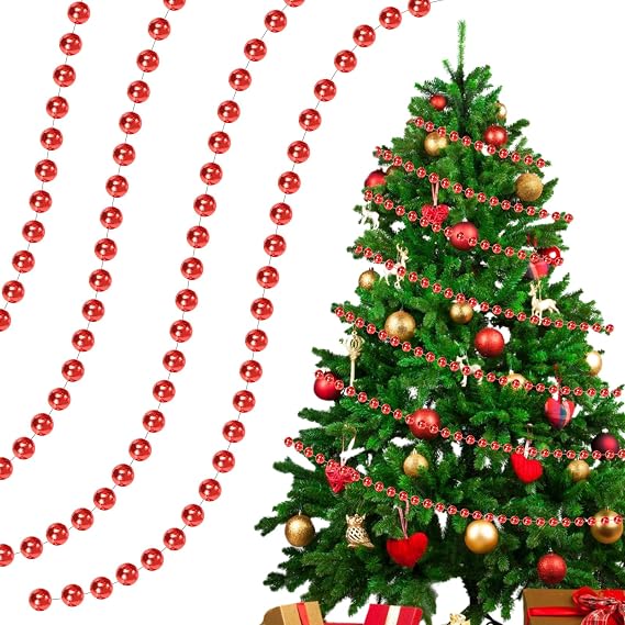 0.4" Christmas Tree Garland Beads, 50ft Red Artificial Pearls Beaded Garland for Xmas Tree, Christmas Decorations for Indoor Outdoor Home Party
