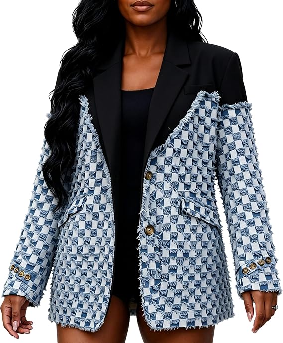 Vaceky Women's Patchwork Denim Blazer Oversized Plaid Jacket