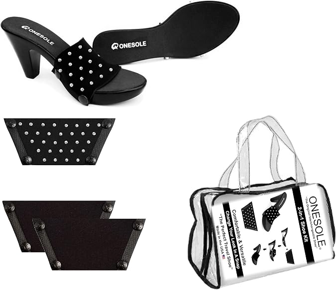 Onesole Original Interchangeable Shoe Kit, Chic Black Wedge Sandals with Interchangeable Soles stainless steel snaps Almost Decadent on Black Crystal interchangeable Tops sandals As Seen on Shark Tank