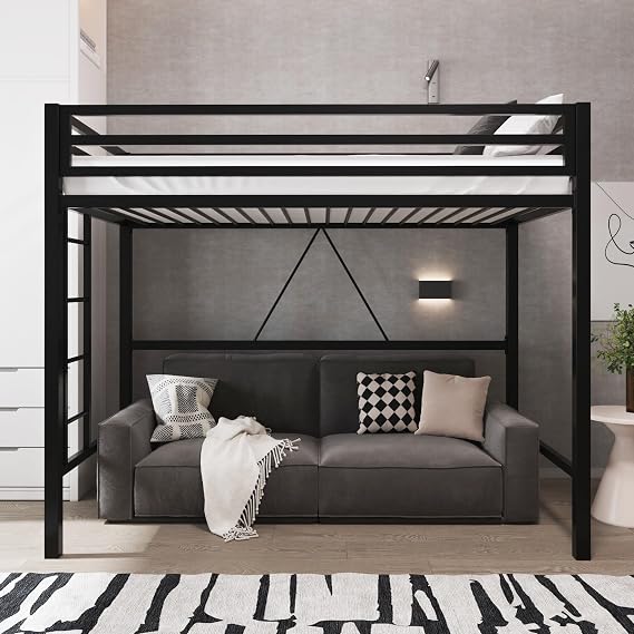 Allewie Metal Loft Bed Twin Size with Guardrail and Ladder,Black