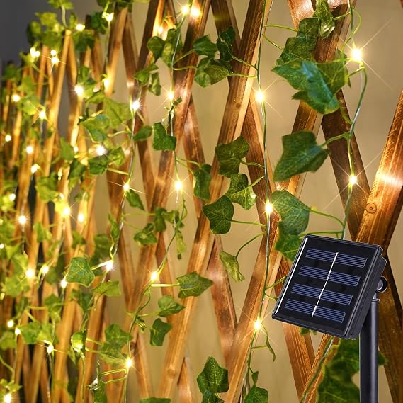Solar Ivy String Lights, 33ft 100 LED Vines with Lights Warm White | Artificial Greenery Leaf Fairy Lights with 8 Lighting Modes for Privacy Fence Wall Patio Garden Balcony Outdoor Decor