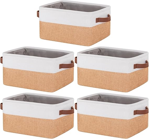 5 Pack Foldable Storage Bins with Handles, Natural Canvas Fabric Box Organizer for Shelves, Ideal for Clothes, Toys, Home Office Supplies (30x20x15cm)
