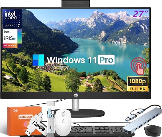 HP 27" FHD Touchscreen All-in-One Desktop, Intel Ultra 7 155U 12-Core(Up to 4.8GHz), 32 GB DDR5, 1 TB SSD, Intel IrisX Graphics, Copilot AI, Windows11 Pro, Wi-Fi 6E, Wired KB&Mouse, w/Accessories