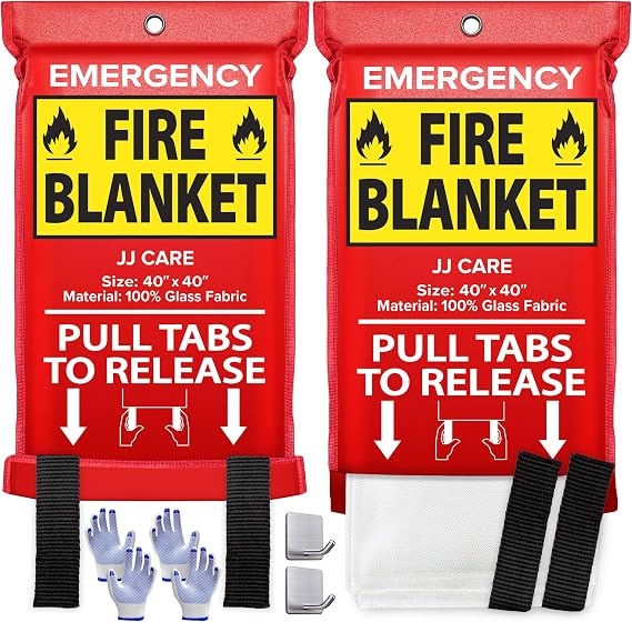JJ CARE Fire Blanket 2 Pack with Hooks and Gloves, 40" x 40" Flame Retardant Emergency Safety Cover for Home, Kitchen, Grill, Car, Office, Camping, High Heat Resistant