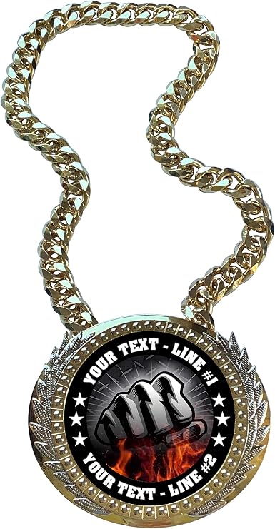 Express Medals Metal Version MMA Mixed Martial Arts Champ Chain Trophy with 2 Lines of Personalized Custom Text on a Large Award Medal and Attached 34 inch Long Metal Neck Chain. FCL507