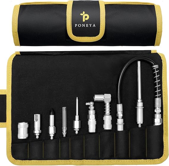 9 PCS Grease Gun Couplers, Quick Connect Greasing Accessory Kit | With Grease Gun Tips, 12" Flex Hose & Roll Up Case, Quick Release Grease Couplers, Reach Any Grease Fitting