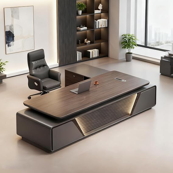 L Shaped Executive Desk with Drawers & Storage, Executive Office Desk with Aluminum Alloy Inlaid Curved Surface, Modern Executive Desk for Home Office Workspace (C - Left, L 180cm/70.8in)