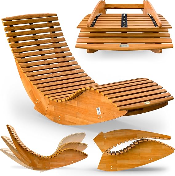 CASARIA® Wooden Rocking Sun Lounger, FSC Acacia Garden Rocker Chair, Brown | Weatherproof Outdoor Furniture Foldable Ergonomic Deck Patio Recliner Bench Heavy Duty 160KG Capacity Relaxing 155x60x93cm