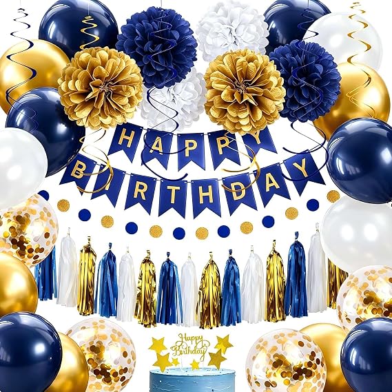 YGYXMY Birthday Decorations for Men, Navy Blue and Gold Party Decorations Set - Happy Birthday Banner, Balloons, Tissue Pompoms, Swirls, Tassels Garland