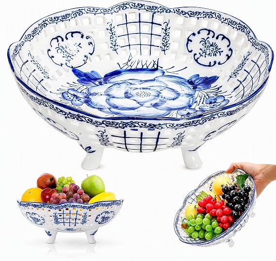 10 Inch Ceramic Fruit Bowl, Blue and White Porcelain Pedestal Fruit Basket, Chinoiserie Decorative Vegetable Holder with Drainage Hole for Kitchen Counter Veggies, Candy, Cookie, Cake