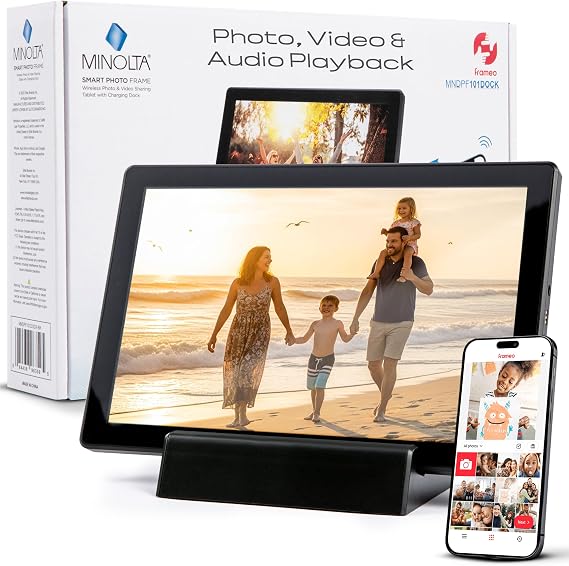 Minolta MNDPF101DOCK 10.1in Battery Powered Smart Frame w/Charging Dock | Includes a built-in battery with magnetic charging dock, IPS touchscreen, and the free Frameo app for WiFi sharing.