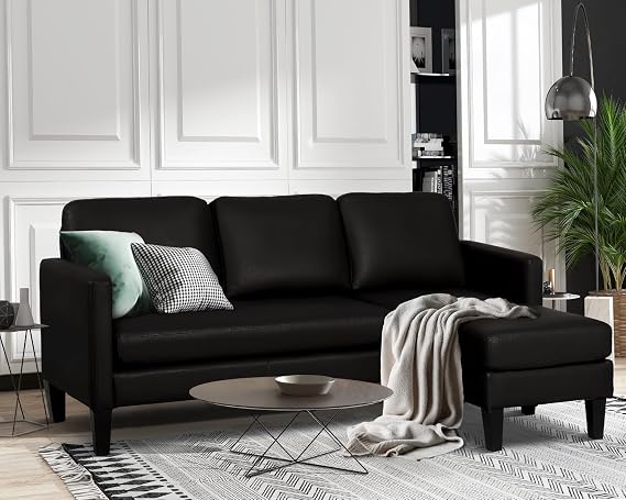 MAGIC UNION Faux Leather Convertible Sectional Couch Sofa, PU Black