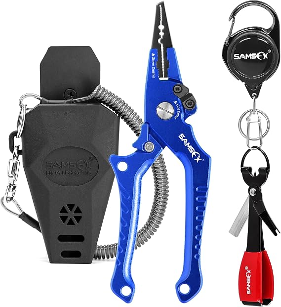 SAMSFX Aluminum Fishing Pliers Hook Remover Braid Line Cutter with Coiled Lanyard, Fly Fishing Knot Tying Tool & Retractors