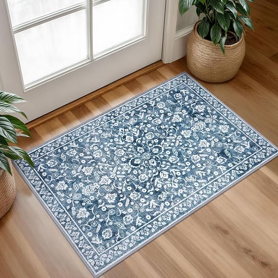 Vintage Entryway Rug 2x3, Blue and White Washable Accent Rug, Non-Slip Small Area Carpet, Floral Print Faux Wool Soft Mat for Front Door, Kitchen, Bedside