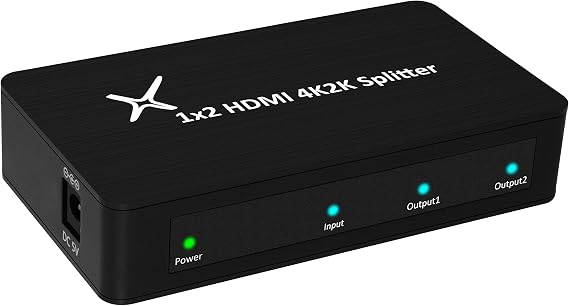 HDMI Splitter Slim 1x2 Ports, 1 Input 2 Output Aluminum Splitter w/AC Adapter, Supports HDTV, 4K2K, 1080P, Full 3D - Black (11004)
