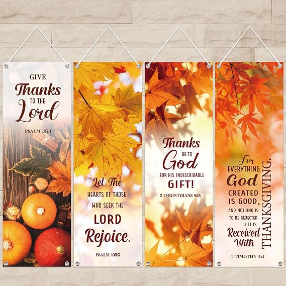 Moukeren 4 Pcs Fall Church Banners with Scripture Autumn Harvest Religious Porch Banners Backdrops for Fall Thanksgiving Sanctuary Wall Worship Bible Verse Christian Praise Hanging Signs Church Decor