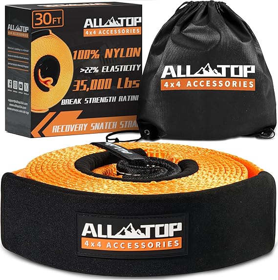 ALL-TOP Recovery Snatch Strap, 3in x 30ft - 35000Lbs, Heavy Duty 100% Nylon Kinetic Towing Recovery Strap with 22% Elongation & Reinforced Loops