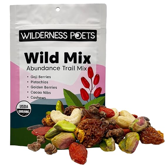 Wilderness Poets, Abundance Wild Mix - Organic Raw Superfood Blend (3.25 Ounce) Cashew, Pistachio, Goji Berry, Cacao, Golden Raisin, Golden Berry Trail Mix
