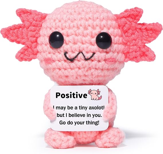 Mini Funny Positive Pink Axolotl, Knitted Wool Axolotl Toy with Positive Card - Creative Cute Crochet Doll Emotional Support Cheer Up Keepsake Gift for Friends, Women, Student, Christmas (Axolotl)