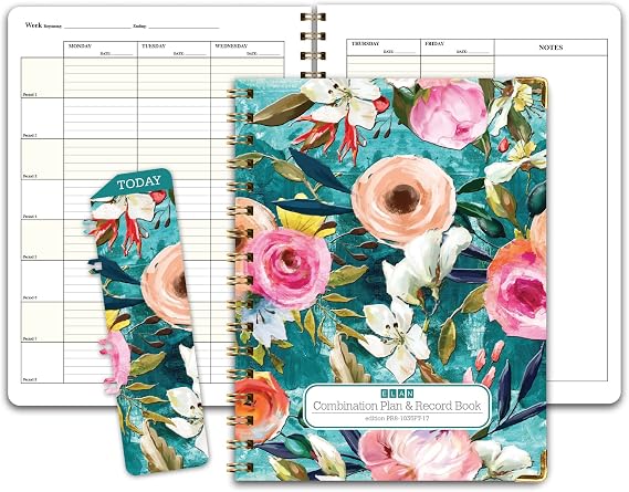 Elan Publishing Company HARDCOVER Combination Plan and Record Book - 8 Period Teacher Lesson Planner (Teal Floral)