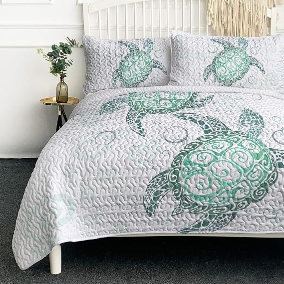 BlessLiving Sea Turtle Bedspread Coverlet Set King Size Teen Beach Turtle Printed Quilts Bed Cover Coastal Bedding with 2 Pillow Shams (Green)
