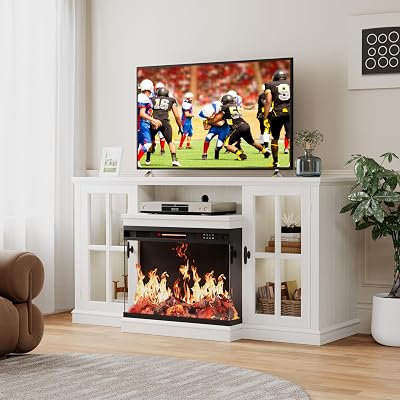 Flamaker Fireplace TV Stand for TVs up to 65, 3-Sided Glass Media Entertainment Center Console with Storage, Adjustable Flame LED Color for Living Room White