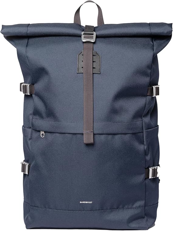 Sandqvist Men's Icon Large Rolltop Backpack, Navy With Black Leather, One Size