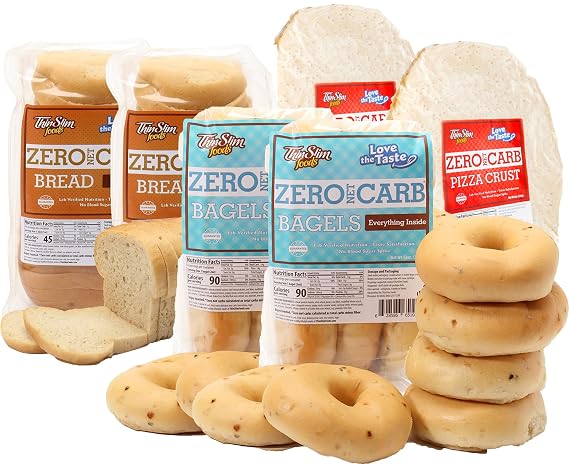 ThinSlim Foods Zero Net Carb Keto Bread | Low Carb Bread | Plain (Pack of 2) + Everything Bagel 6pack (Pack of 2) + Pizza Crust (Pack of 2)