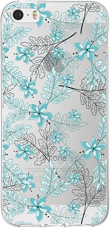 PrintiFy Apple iPhone 5 SE Uyumlu Kapak Floral Su Yeşili Tasarımlı Şeffaf Silikon Kılıf