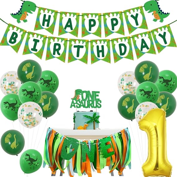 Dinosaur 1st Birthday Decorations for Boys - Happy Birthday Banner, One a Saurus Cake Topper, High Chair Banner, 1 Foil Number Balloon for Jungle Dinosaur Themed One Year Old Party Decor