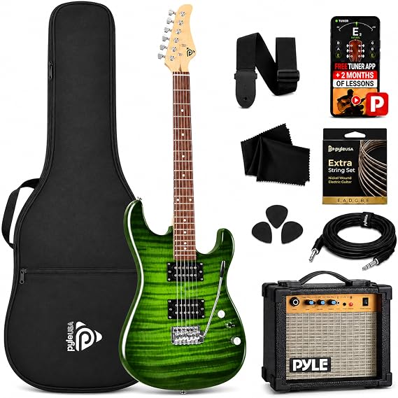 Pyle Electric Guitar Kit with Amp for Beginners Full Size 39 Instrument Package with Humbucker Pickups and Rock Amplifier Starter Set Bundle for Kids All Ages, Youth and Adults - Legacy Green