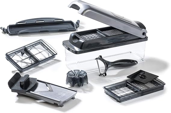 Genius Nicer Dicer Plus (12 Pieces) Vegetable Cutter Onion Cutter Chip Cutter Fruit Slicer All-purpose Slicer Dicing Cutting Peeling Storage A34141 Silver/Black