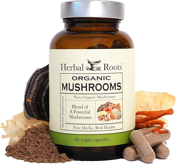 Herbal Roots Organic Mushroom Capsules - 100% Fruiting Body Extracts - USDA Certified Organic - Immune Support Blend of 8 Mushrooms - 60 Vegan Capsules